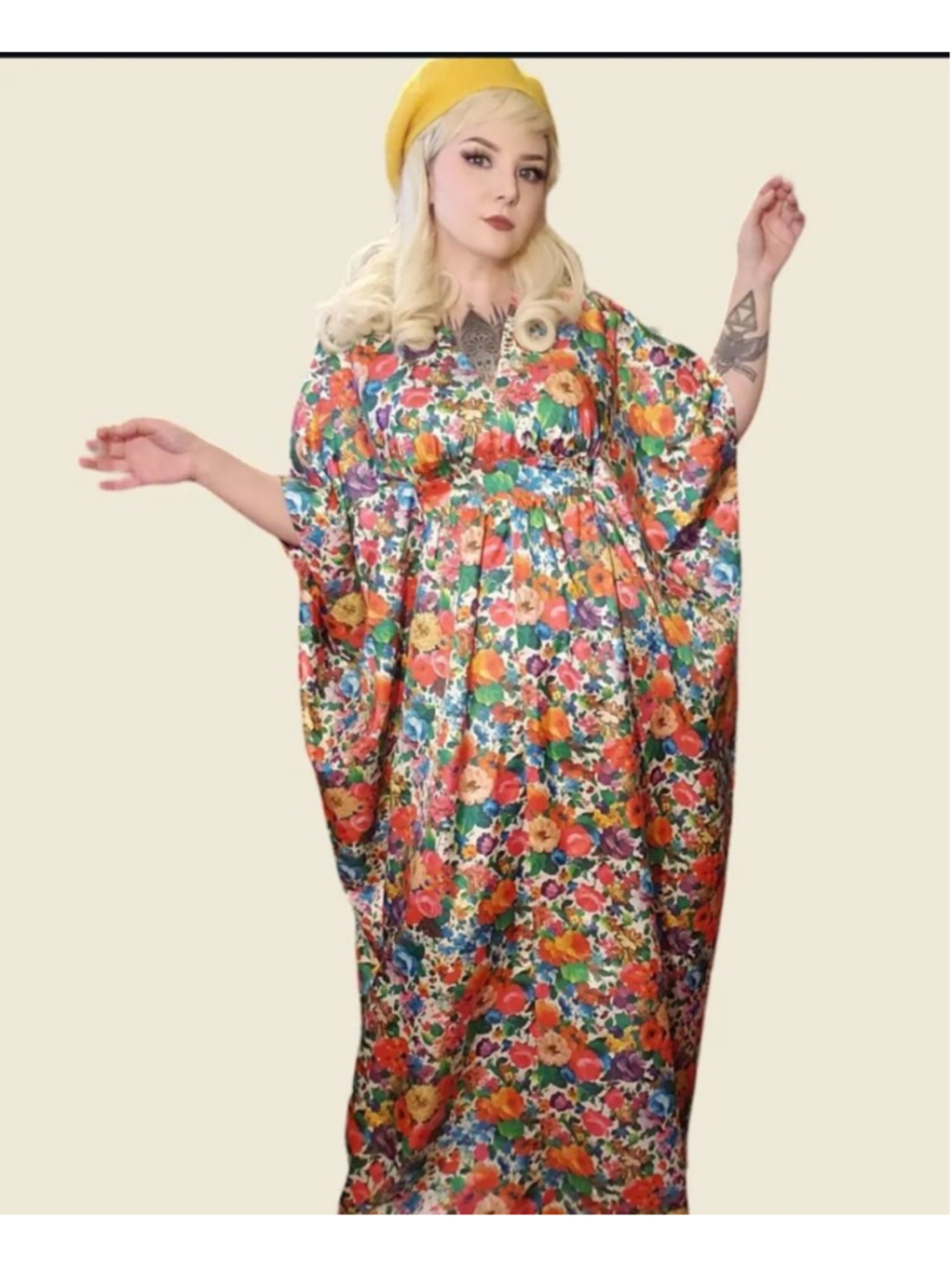 Vintage 60s 70s Floral Kaftan Caftan Dress OSFM